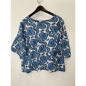 Fitzroy & Willa Cotton Ikat Heart Print Blouse‎ Womens Size M Blue White Pleated